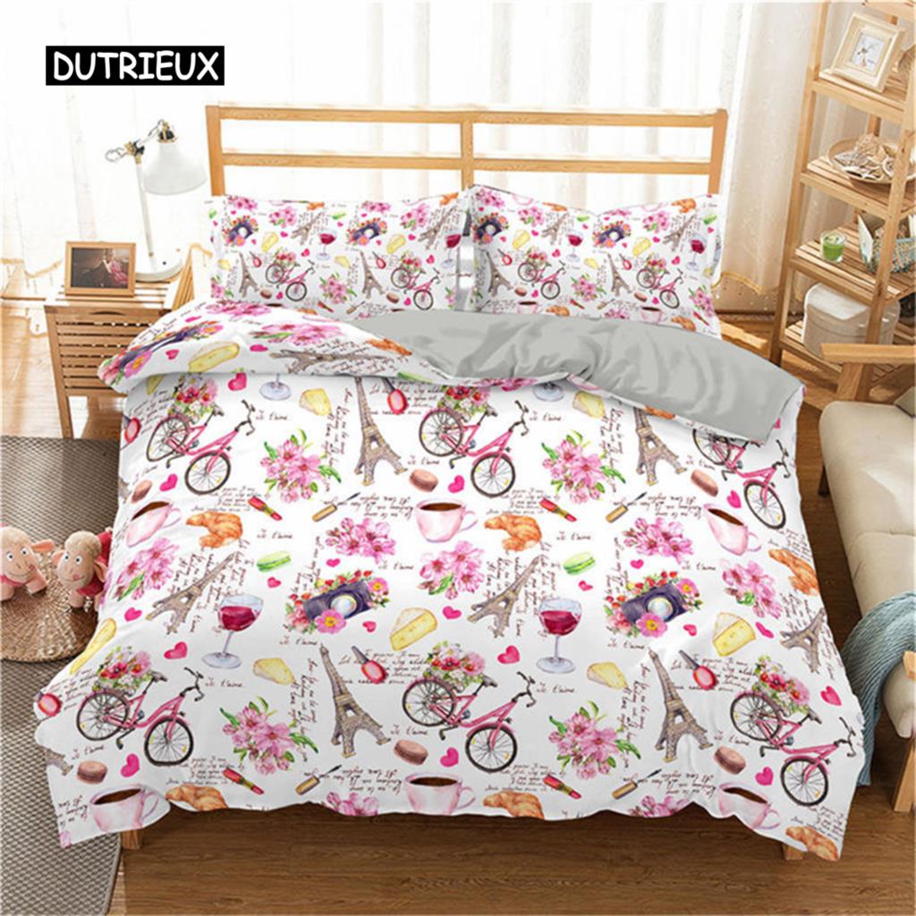 Duvet Cover Eiffel Tower Romantic Couple Flower King Comforter Cover Microfiber France Paris Cityscape Bedding Set for Teen