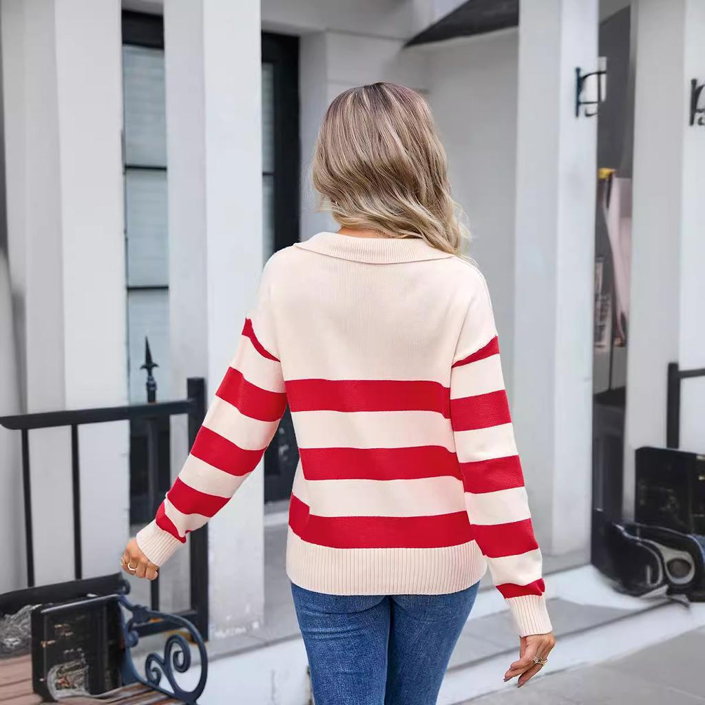 Autumn and Winter Women's Pullover Sweater Stripe Splicing PLOL Collar Large Size Sweater Knitwear