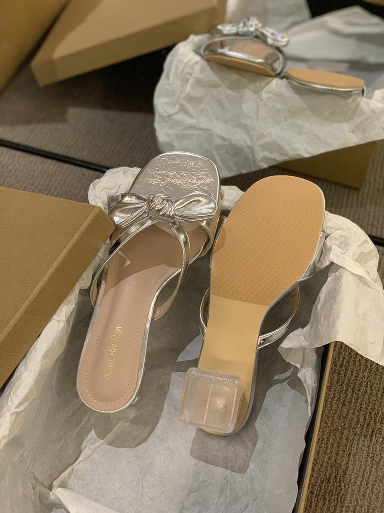 Korean Version Crystal Thick Heel Bow Retro Yellow Open-toed Thin Cool Slippers Fashion Women's Summer New One-word Drag