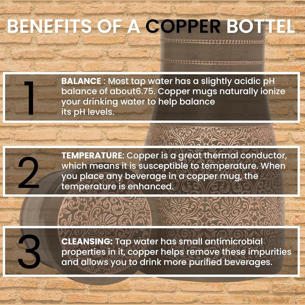 Copper Ayurvedic Water Bottle/Jar With In Build Glass Black Antique Glossy Finish Suitable For Home In Dining And Room. - 1000 Ml (Black Antique)