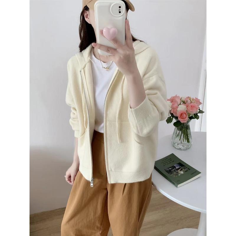 Autumn and Winter New Fashion Simple Double Zipper Hooded Knitted Cardigan Women's Solid Color Casual Loose Sweater Jacket