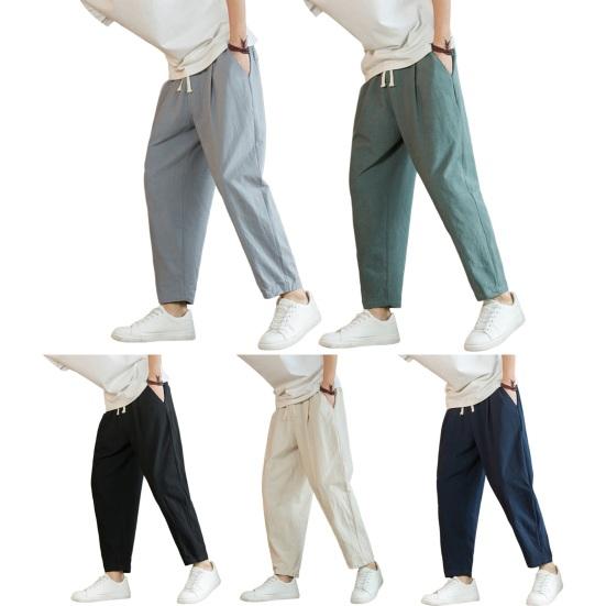 Men Ninth Pants Loose Straight Drawstring Elastic Waist Pockets Plus Size Solid Color Breathable Soft Ankle Length Casual Sweatpants