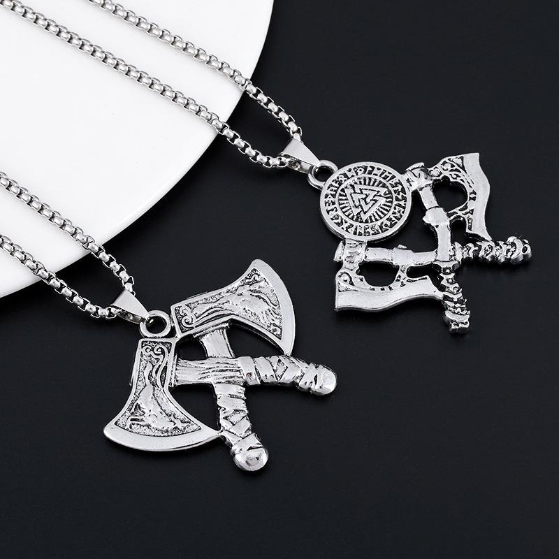 Men's and Women's Street Trendy Necklace Retro Double Sided Double Axe Pendant