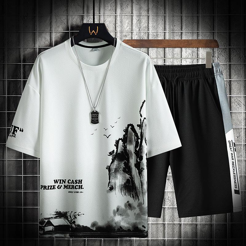 Summer Two Piece Set Men Harajuku Printed Tracksuit Short Sleeve Shorts Sets Mens O-Neck Breathable Casual Sportswear Clothing