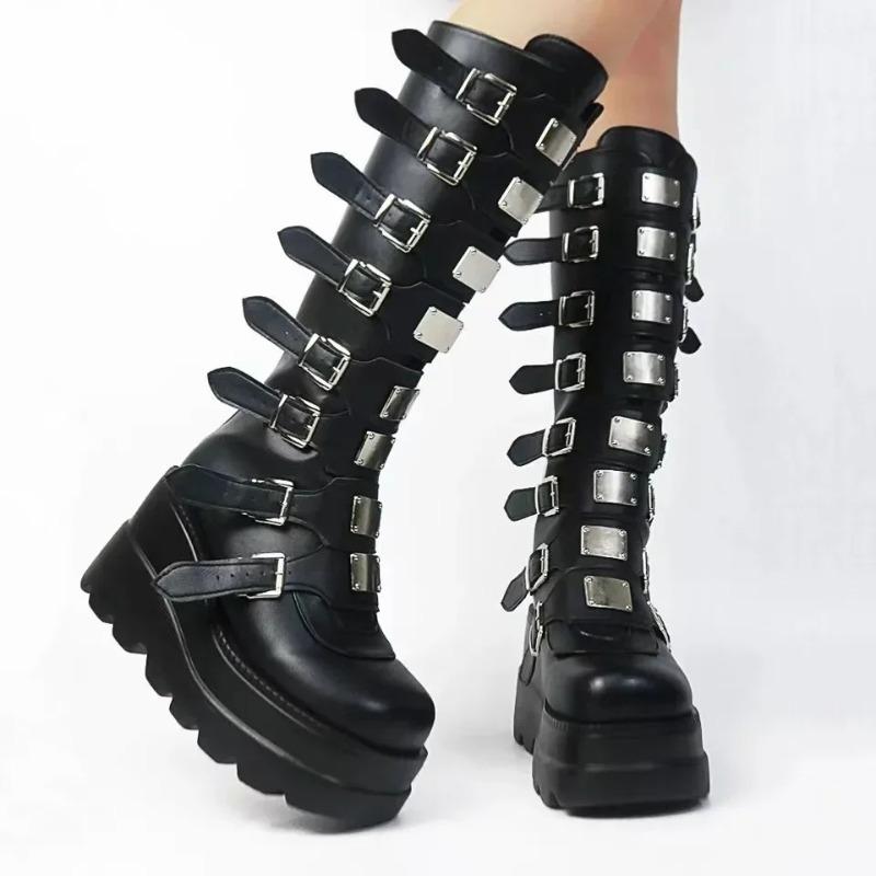 Boots Women Gothic Shoes Platform Knee High Punk Black Sexy Motorcycle New Halloween Cosplay 2024 Botas Mujer Zapatos De Mujer