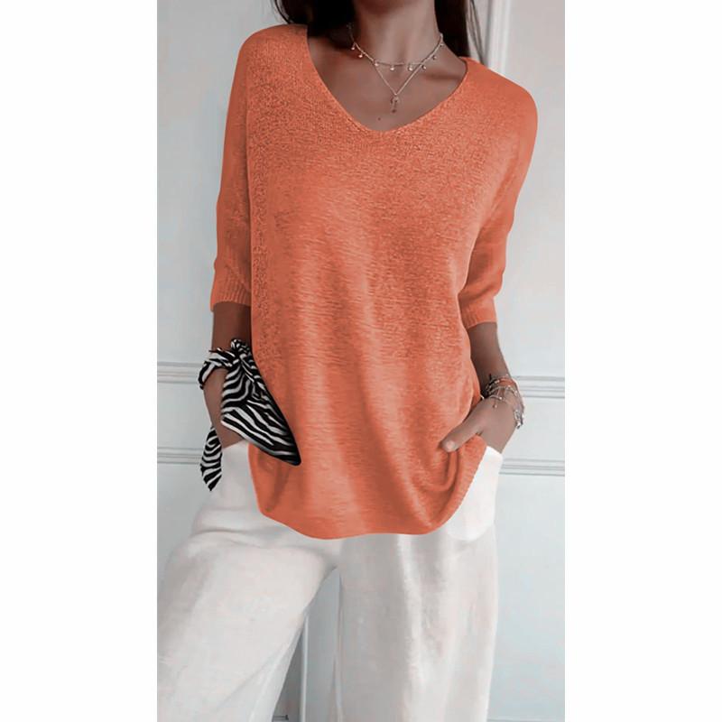 JPNTKY Women's Fashion Casual Solid Color Print Autumn Winter Long Sleeve V-Neck Loose Sweaters