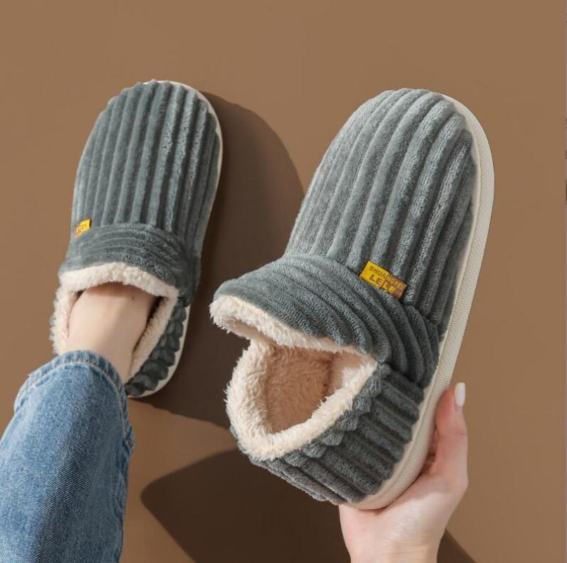 Winter Couple Style Concise Stripes Wrap Heels Plush Slippers Ladies' Non-slip Soft Warm Flip Flops Men Home Casual Cotton Shoes