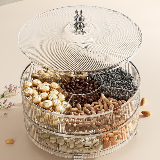 Triple Layer Divided Nut Serving Tray with Lid 360-degree Rotation Transparent Plastic Snack Platter Container BPA-Free Dried Fruit Storage