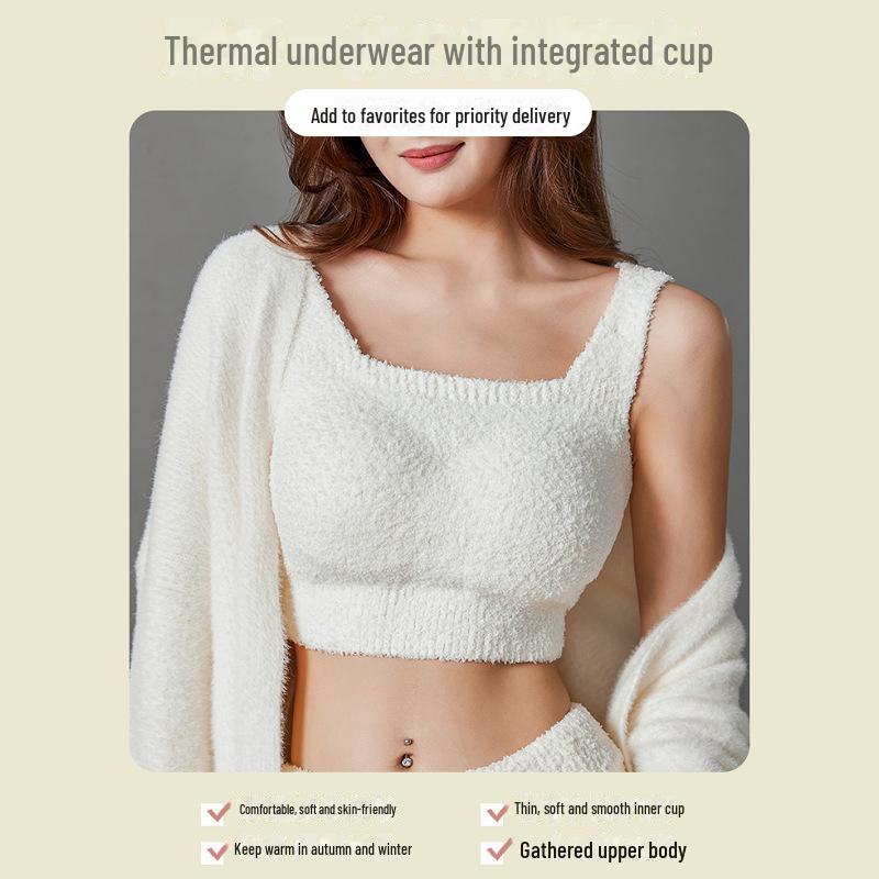 Plush Women's Lambskin Vest with Chest Pads - Warm, Bra-Free, One-Piece Innerwear for Autumn and Winter