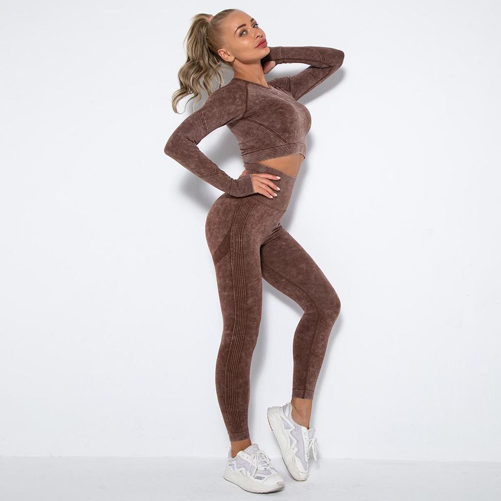 Women Seamless Washed Peach Hip Lifting Sports Running Fitness O Neck Long Sleeve Pant Suits