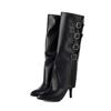 lenkisen PU Autumn Winter Shoes Pointed Toe Stiletto Thin High Heels Metal Square Buckle Keep Warm Fashion Knee Boots