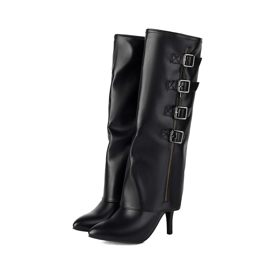 lenkisen PU Autumn Winter Shoes Pointed Toe Stiletto Thin High Heels Metal Square Buckle Keep Warm Fashion Knee Boots