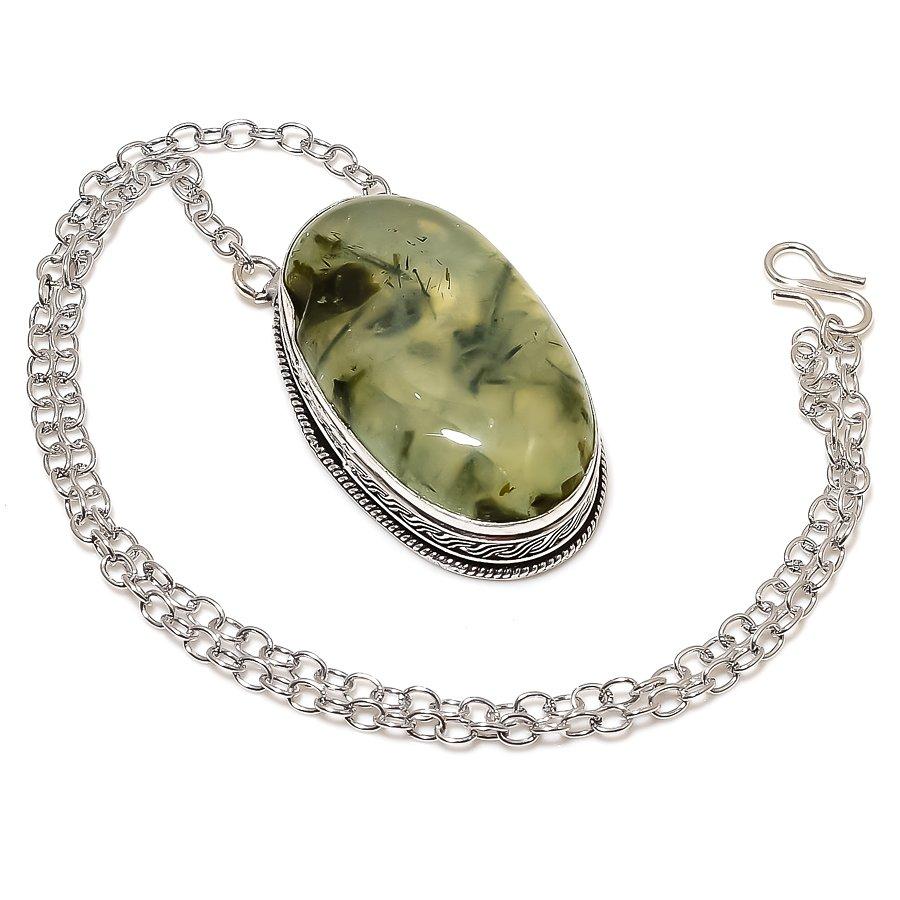 Prehnite Handmade 925 Sterling Silver Jewelry Necklace 20" H8y22