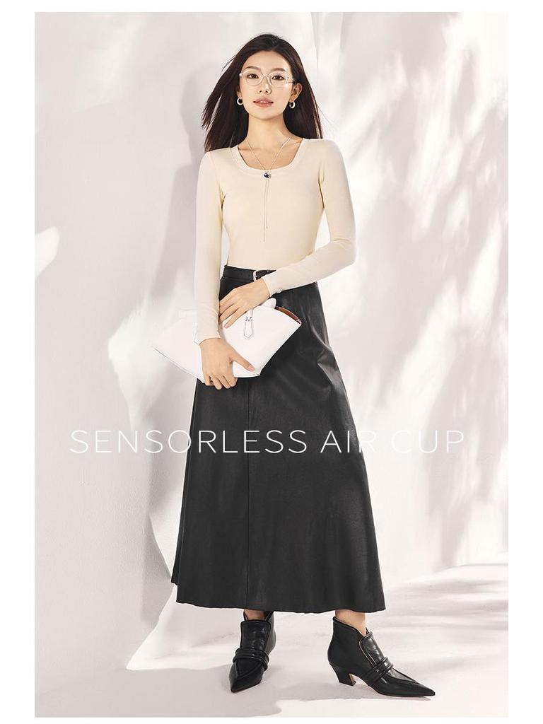 Women's Tencel Bamboo Fiber Long Sleeve Base Shirt with Chest Pad - Autumn/Winter Slimming Top