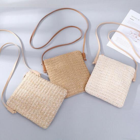 Women Straw Knitted Small Messenger Bag for Beach Travel and Everyday Use Rattan Woven Tote Purse