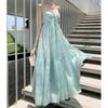 Travel Shadow Green Backless Neck Sling Chest Pad Dress Women's Summer Seaside Vacation Beach Dress Super Fairy Wear