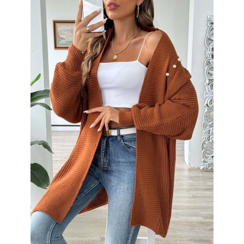 Women's Autumn and Winter Simple Loose Pearl Beaded Cardigan Sweater