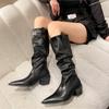 Pointy Western Cowboy Boots Women's New Autumn Pleated But Knee-high Boots Chunky Heel High Knight Boots C546