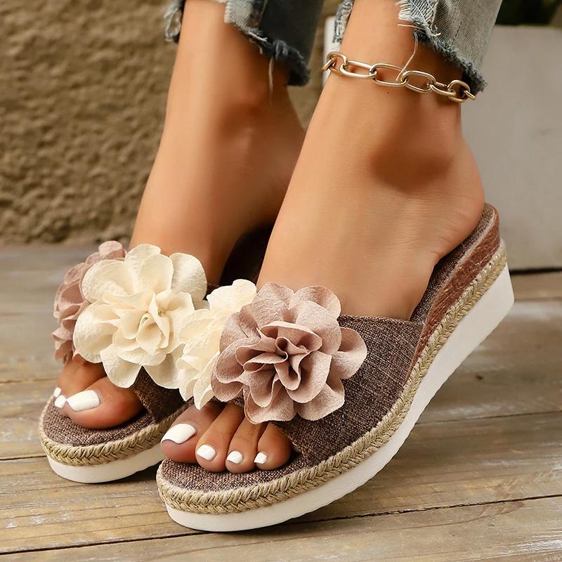 Mix Color Flower Wedge Sandals for Women Summer 2025 Fashion Platform Slippers Woman Lightweight Non Slip Beach Sandalias Mujer