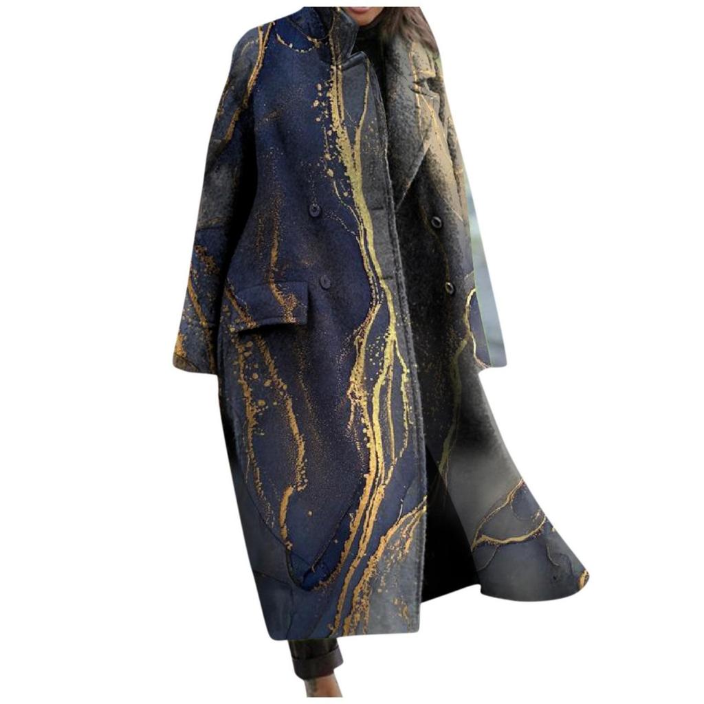 Women's Fashion Printed Pocket Long Sleeve Lapel Woolen Long Overcoat Coat