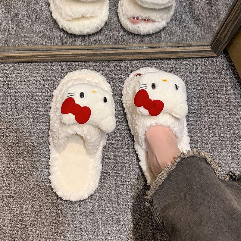 High-value Xiaoxiangfeng Flat-bottomed Cotton Slippers, New Models In Autumn and Winter 2025, Cute Cartoon Kitten Soft Bottom One-character Drag Girl