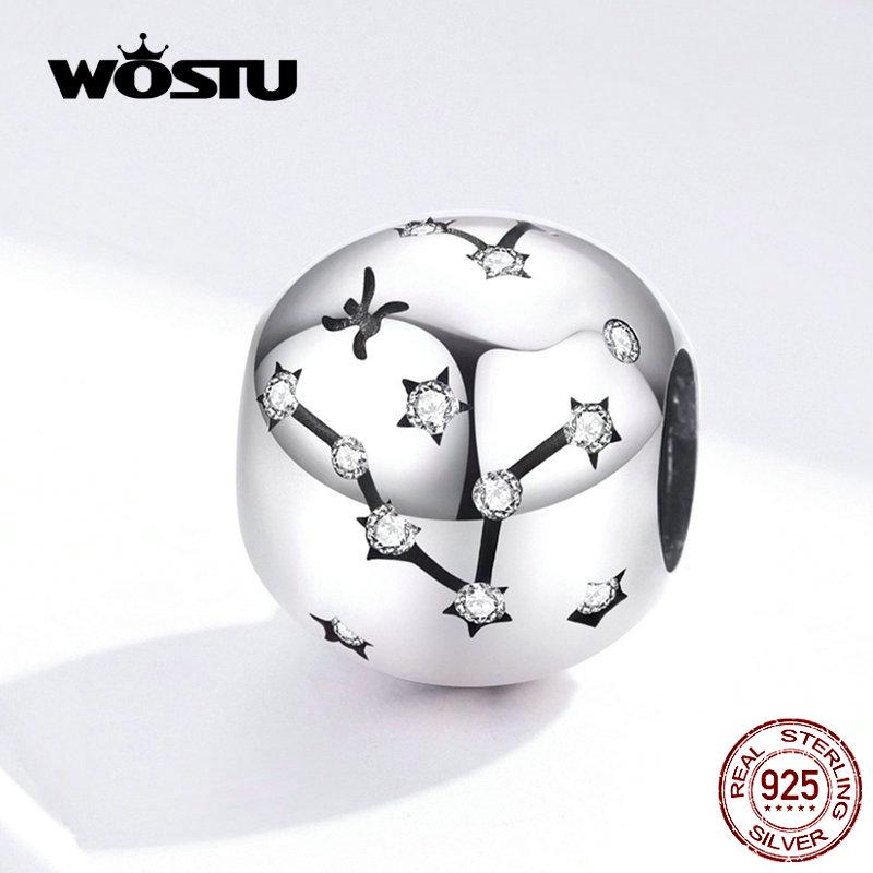 WOSTU 12 Constellation Aries Beads 925 Sterling Silver CZ Charm Fit Original DIY Bracelet Beads