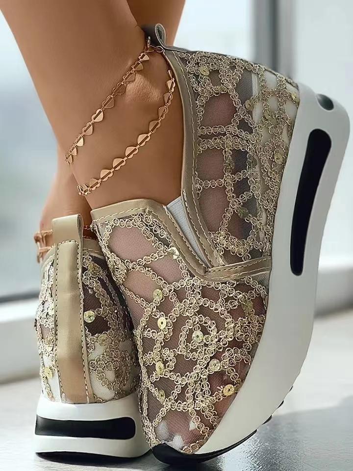 Women's Sneakers Floral Embroidery Mesh Sneakers for Women Slip On Casual Comfy Heeled Shoes Woman