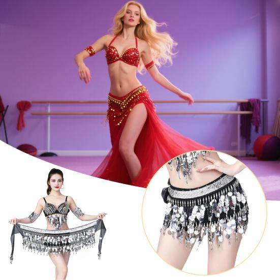 Belly Dance Waist Chain Sequins Hip Scarves Double Tier Waist Tassel Dance Practice Dress Accessories for Latin Dance Belly Dance Performances