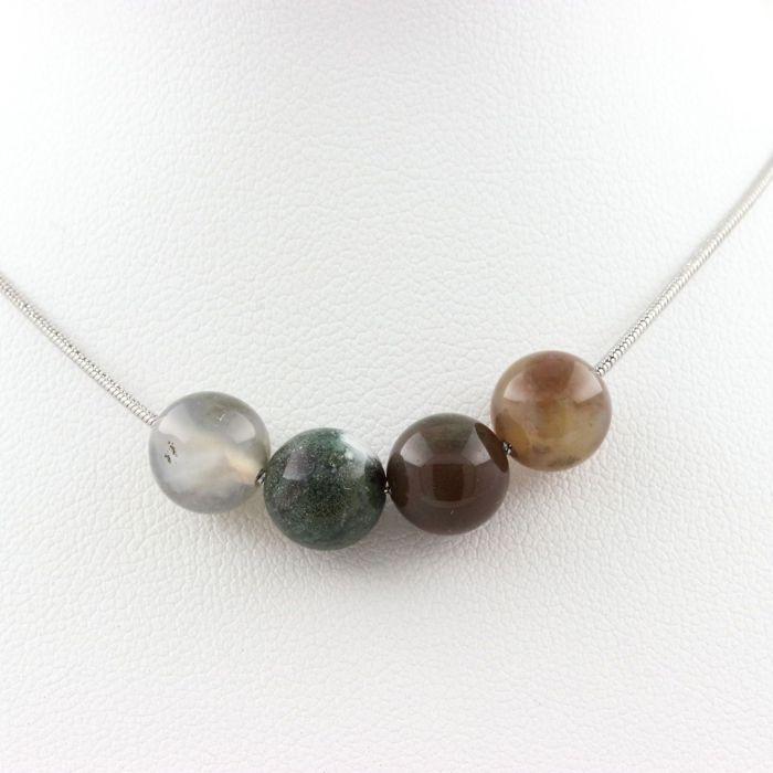 Stones and Minerals. Necklace 4 Beads Indian Agate 8 Mm. Stainless Steel Chain Necklace Women Men. Customizable Size