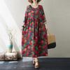 Autumn Literary Plus Size Loose Cotton Linen Printed Round Neck Long Sleeved Loose Casual Dress for Women Dresses