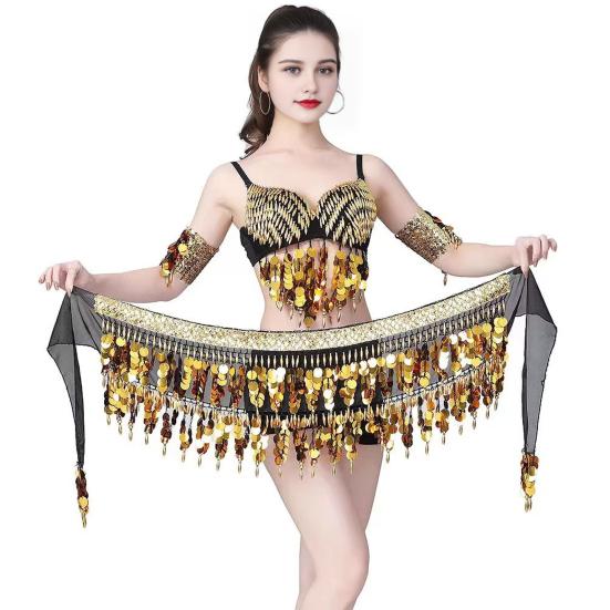 Belly Dance Waist Chain Sequins Hip Scarves Double Tier Waist Tassel Dance Practice Dress Accessories for Latin Dance Belly Dance Performances