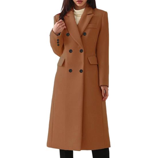 Women Fall Winter Coat Double-breasted Turn-down Collar Loose Solid Color Long Sleeve Button Decor Thickened Warm Windproof Lady OL Commute