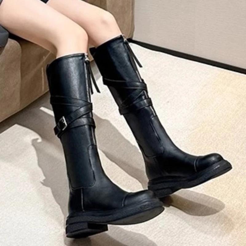 2024 Hot Sale Ladies Shoes Zipper and Buckle Knee-High Women's Boots Autumn Solid Low Heels Korean Version Fashion High Boots
