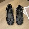 Fashion Women's Riveted Single Shoes Fall New Round Head Shallow Mouth Bow Satin One-line Buckle Flat Shoes