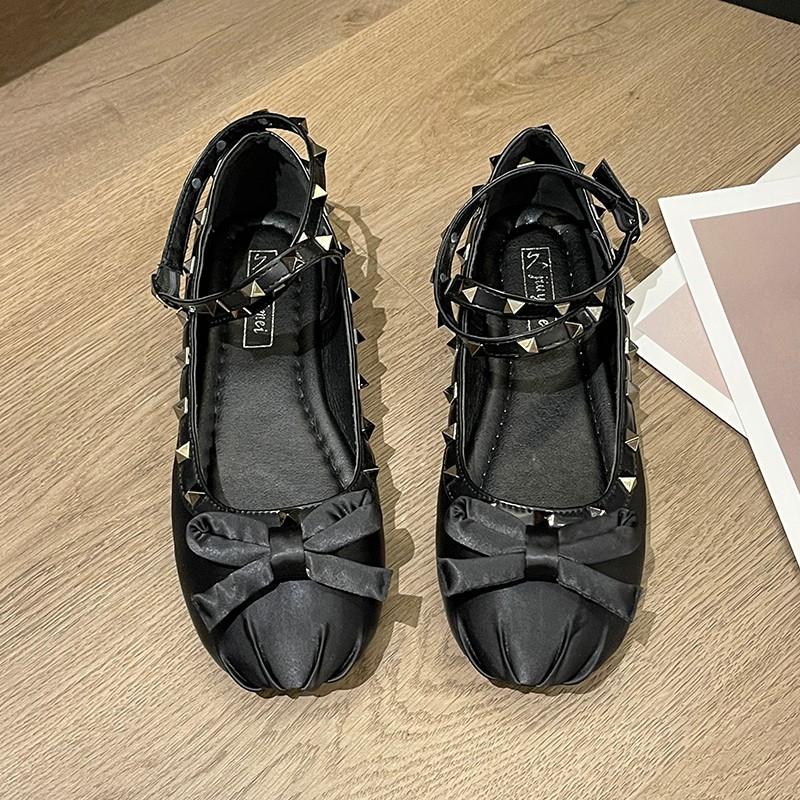 Fashion Women's Riveted Single Shoes Fall New Round Head Shallow Mouth Bow Satin One-line Buckle Flat Shoes