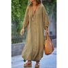 Women's Solid Color Long-sleeved V-neck Casual Loose Cotton and Linen Long Dress