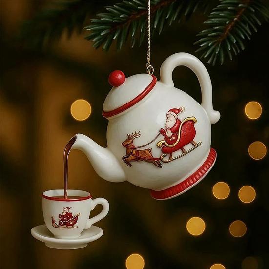 Christmas Teapot Ornament Holly Vintage Tea Cups And Pot Set Xmas Tree Hanging Ornaments 2D Acrylic Teapot Decor with Pouring Tea Effect