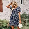 Floral Dress Women Spring Autumn V Neck Short Sleeve Loose Chic Printed S-XL