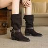 Fashion 2025 New Trend Women Cow Suede Mid-calf Boots Western Boots Autumn Winter Coffee Caramel Pointed Toe Buckle Thick Heels Shoes