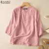 Women Summer 3/4 Sleeve O-neck Cotton Floral Embroidery Blouse Tops