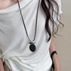 Vintage Black Wooden Oval Pendant Necklace For Women Minimalist Matte Metal Block Adjustable Leather Rope Sweater Chain Jewelry