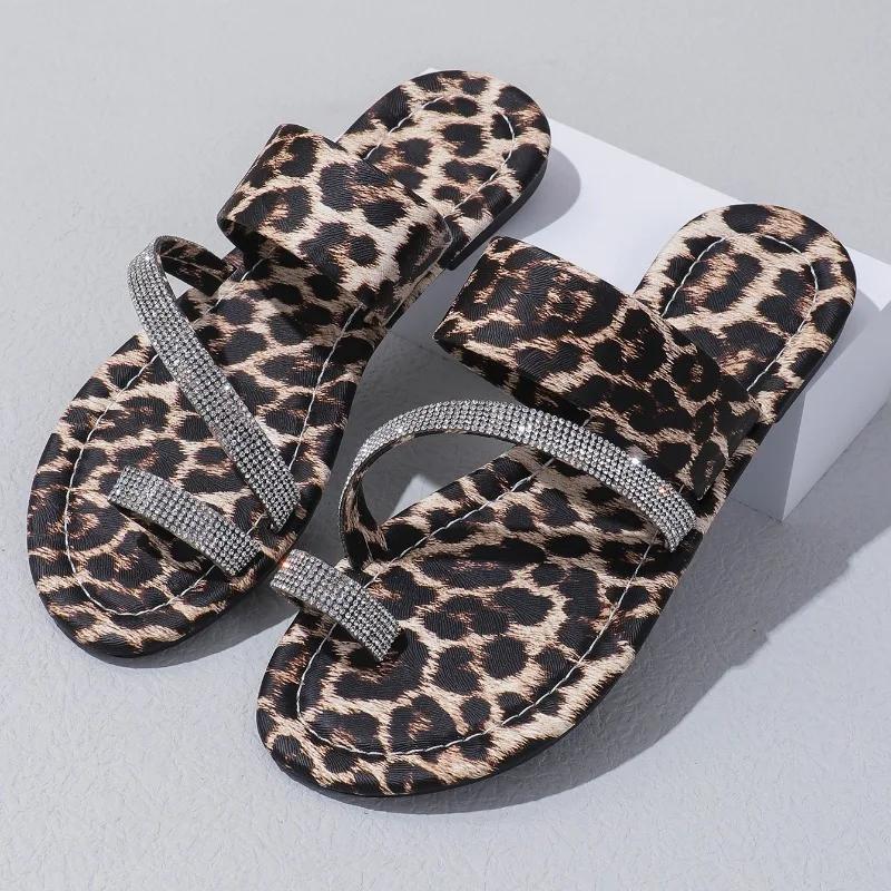 Fashion Ladies Shoes 2024 High Quality Outdoor Women's Slippers Mixed Colors Leopard Print Sequins Open Toe Low-heeled Toe Set Slippers