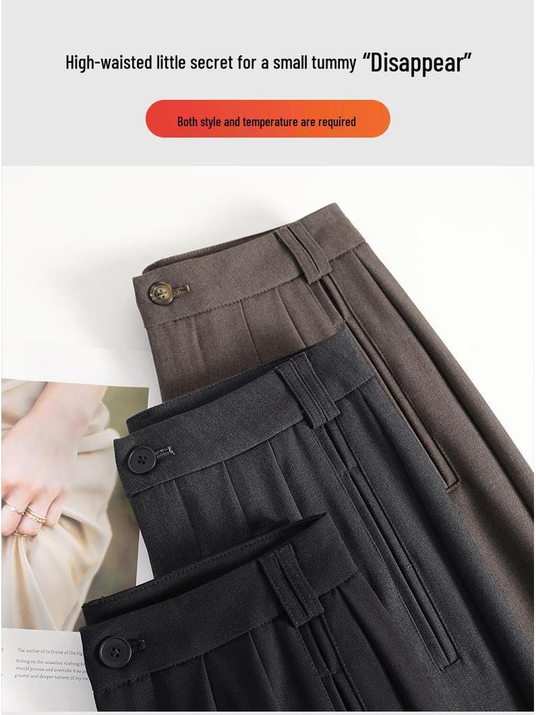 2025 Autumn Women's High Waist Grey Wool Wide-Leg Trousers - Korean Style, Floor-Length, Relaxed Fit