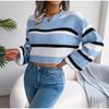 Women Autumn Winter O Neck Long Sleeve Striped Crop Loose Knit Pullover