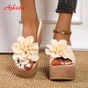 Fashion Aphixta 9cm Heels Slides Pearl Crystals Appliques Shoes Woman Slippers Flip Flops Wedge Heel Platform Woman Beach Zapatos Mujer
