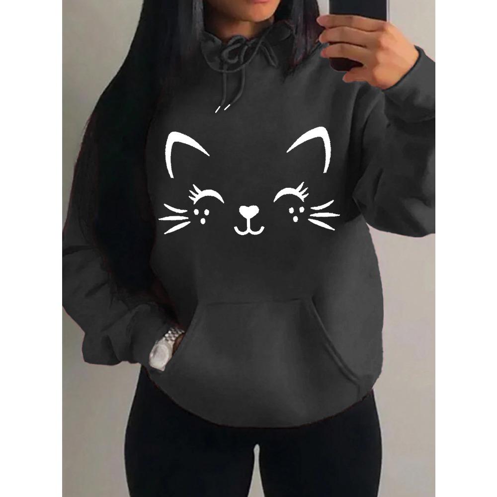 Simple Word Cat Smile Pattern Women Hoodies Fashion Casual Streetwear Personality Hoodie Trendy Fleece Pulloverar