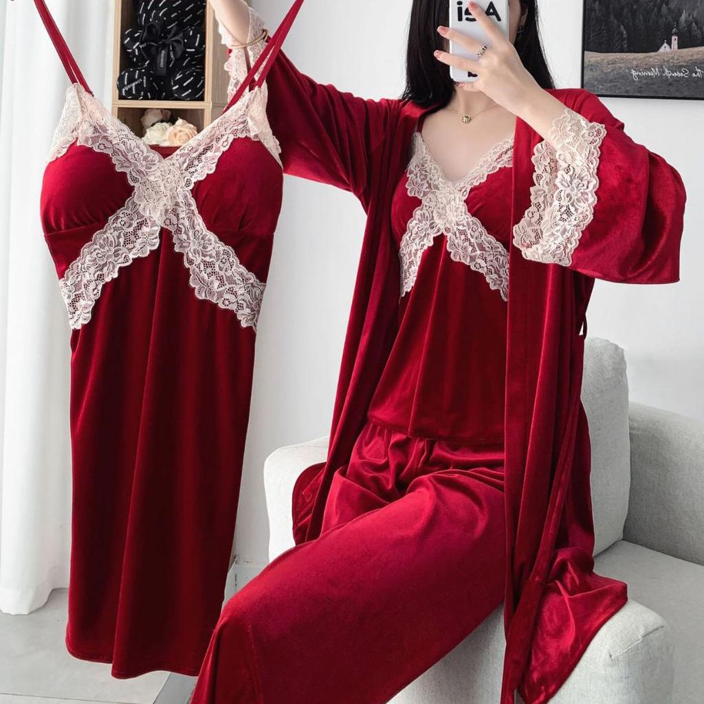New Autumn Velvet 3PCS Pajamas Set Sleepwear Sexy Lace Trim Bath Robe Nightgown Loose Casual Velour Home Clothes Loungewear