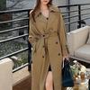 Women's Double Breasted Long Trench Coat Windproof Lapel Slim Overcoat with Belt Windbreaker Jacket for Spring Autumn