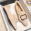 Fashion Pointed Toe Mink Fur Flat Shoes for Woman Metal Buckle Furry Loafers Female Comfy Plush Padded Winter Cotton Shoes Big Size 43