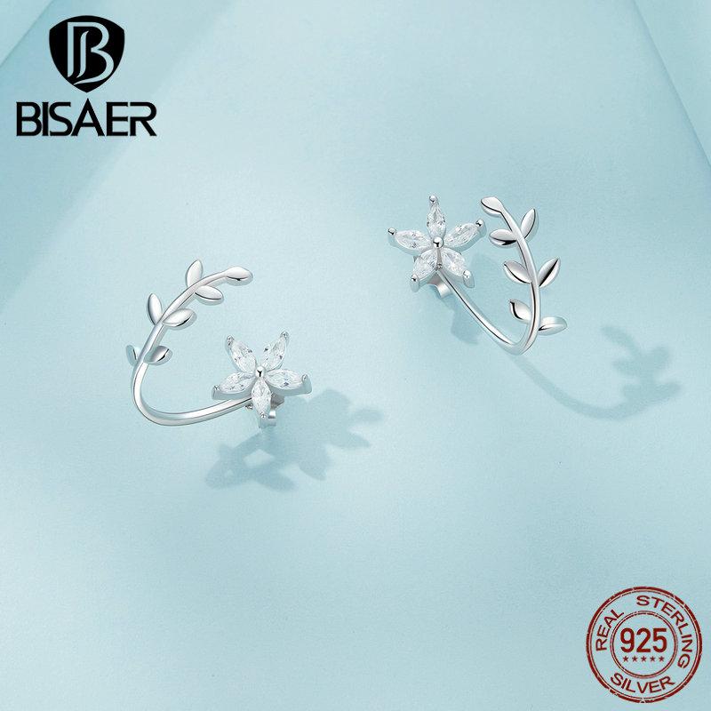 Bisaer 925 Sterling Silver Cubic Zirconia Flower & Leaf Earrings for Women Gift Fashion Jewelry